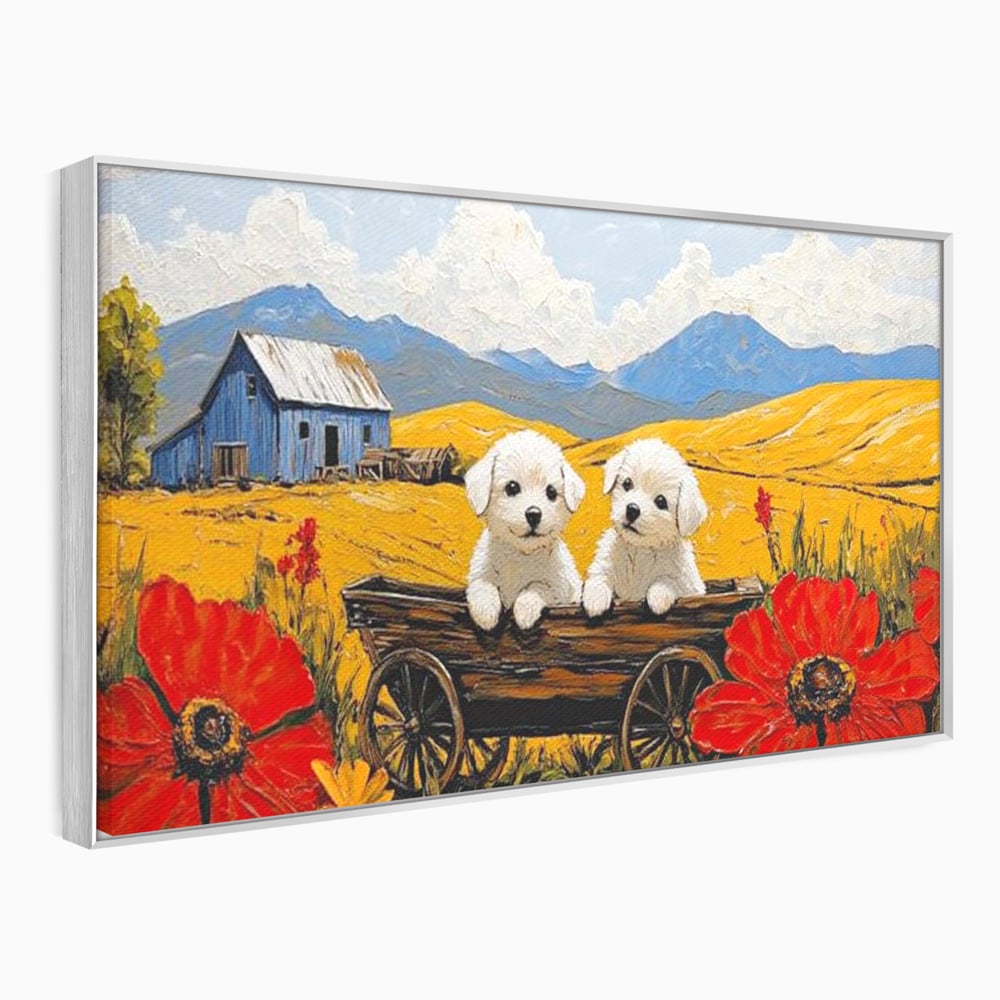 Tablou canvas cu tablou canvas cu catei in caruta si maci, in rama de aluminiu argintiu